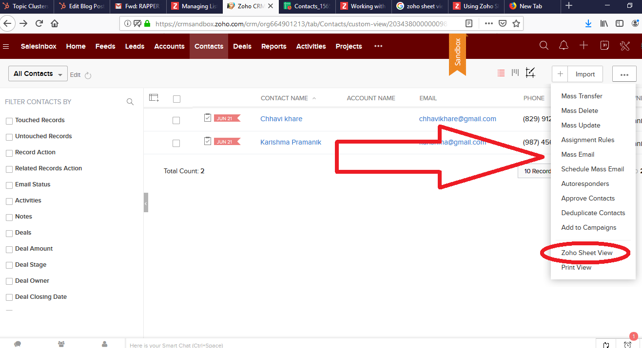 zoho sheet view for Zoho Contact Manager