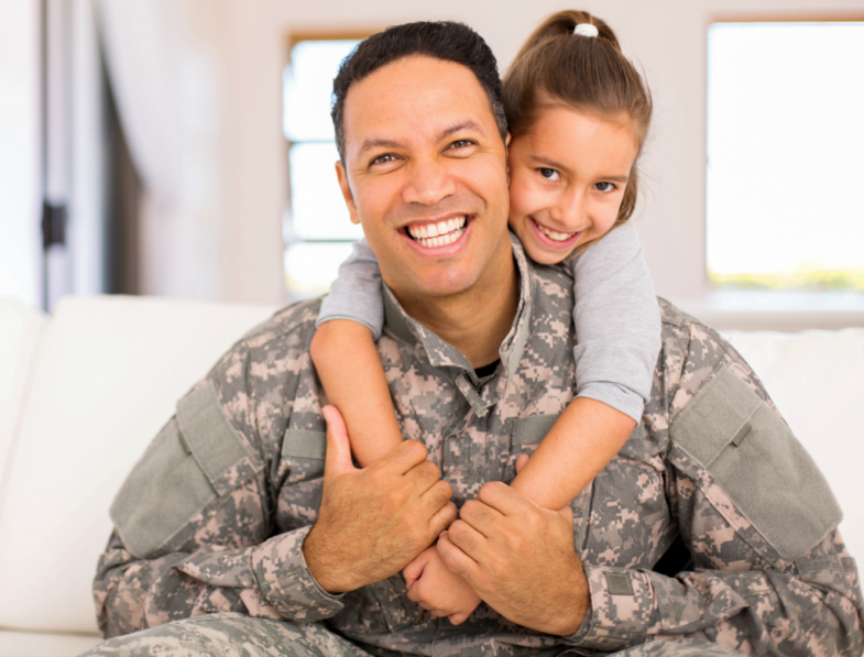 Man Wearing Military Uniform With Daughter Hugging his Shoulders | SupportingStrategiesFranchise.com