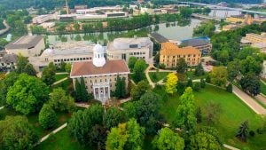 Aerial view of college campus.