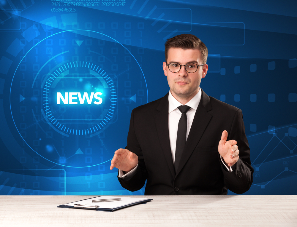 Modern televison presenter telling the news with tehnology background concept