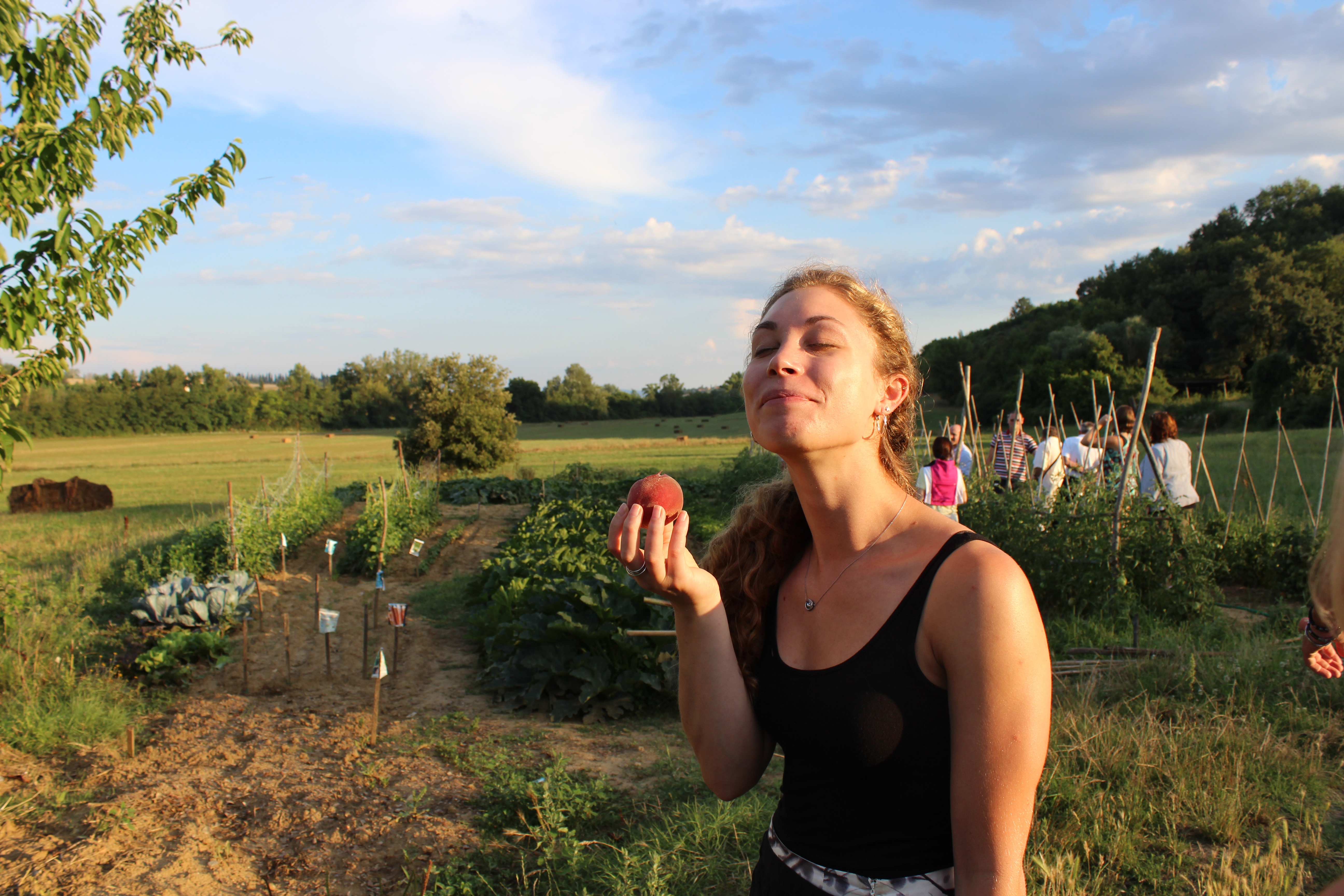 A photograph of a woman holding a piece of fresh fruit in the evening sun. 