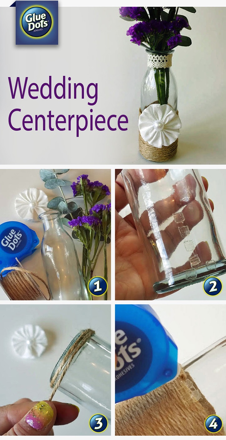 It is so easy to add a rustic decoration to the outside of small flower vases with simple embellishments and Glue Dots® Glue Squares®!