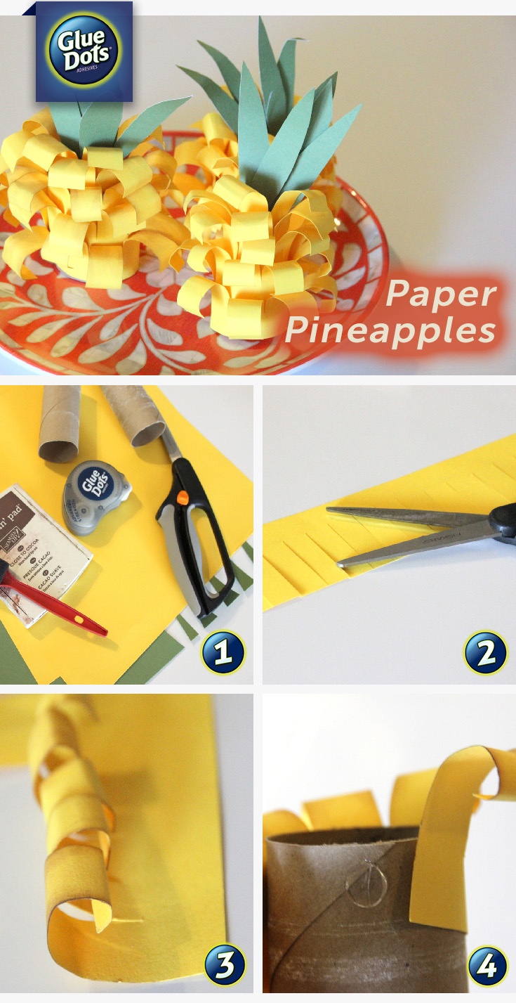 Paper Pineapples made with yellow paper, toilet paper rolls and #GlueDots
