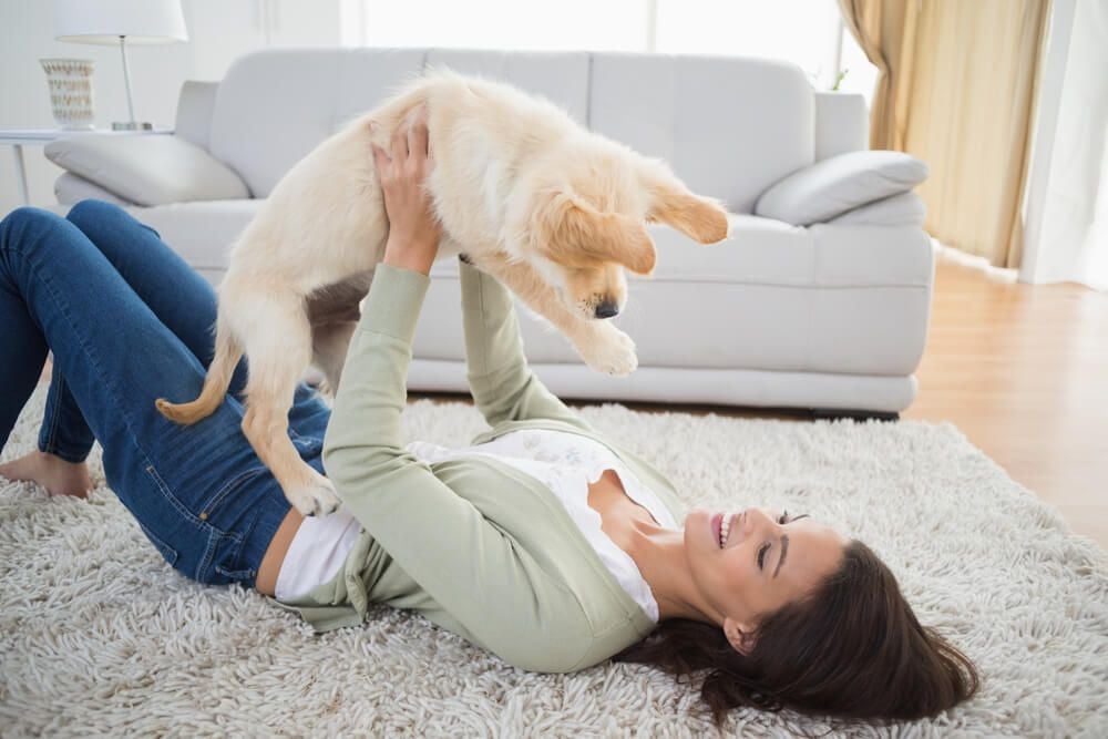 puppy and young woman play on a rug