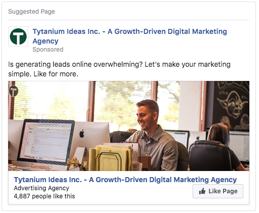 Image: screenshot of a Facebook like growth ad. Learn more about our online advertising services.