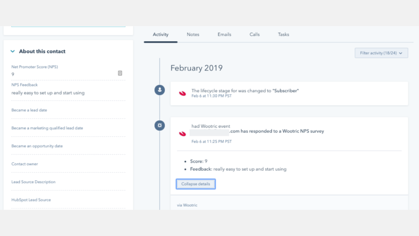 Customer feedback appears in the Contact record and timeline.