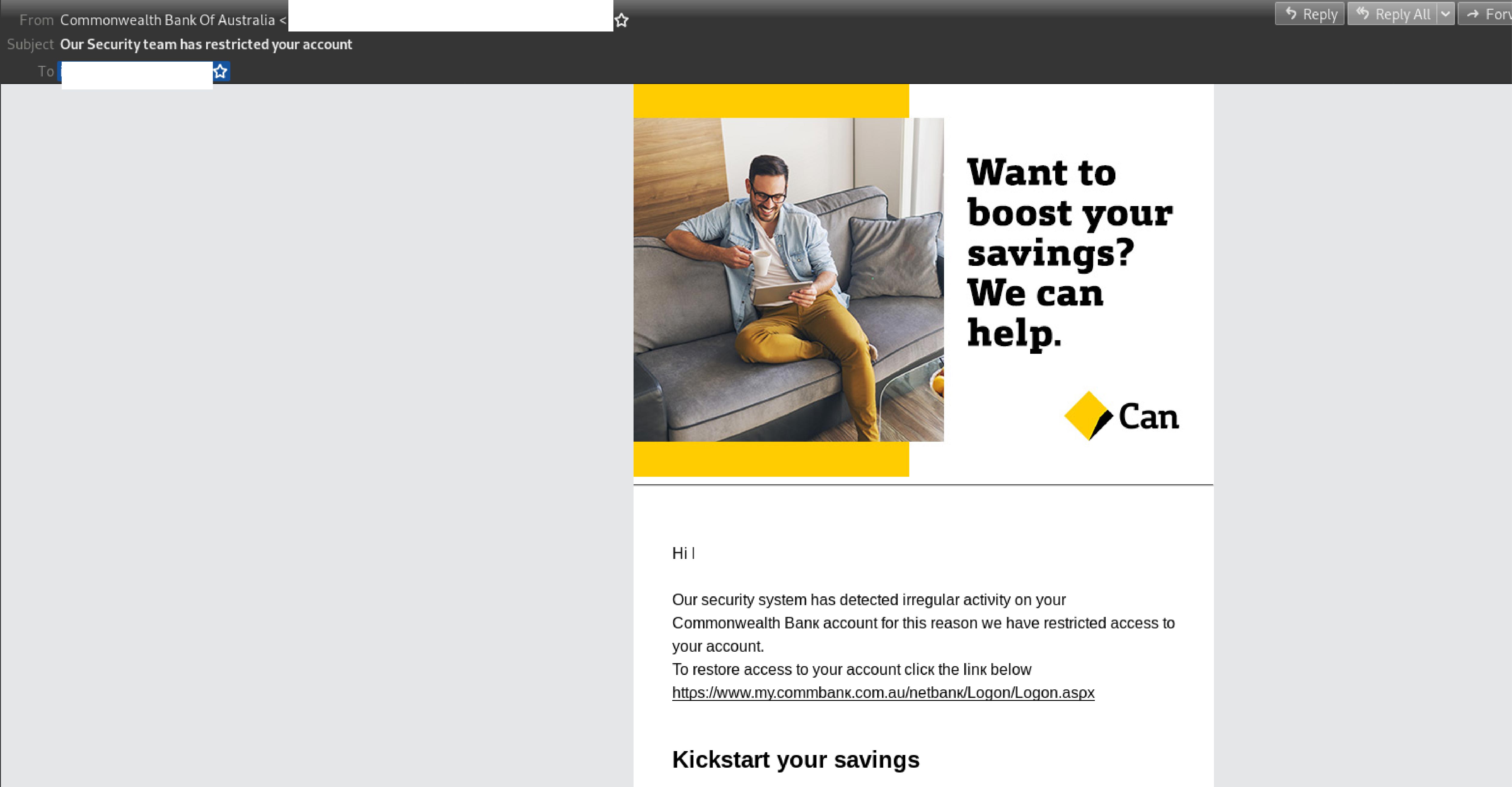 Phishing Email Spoofing Commonwealth Bank Uses Multi Factor