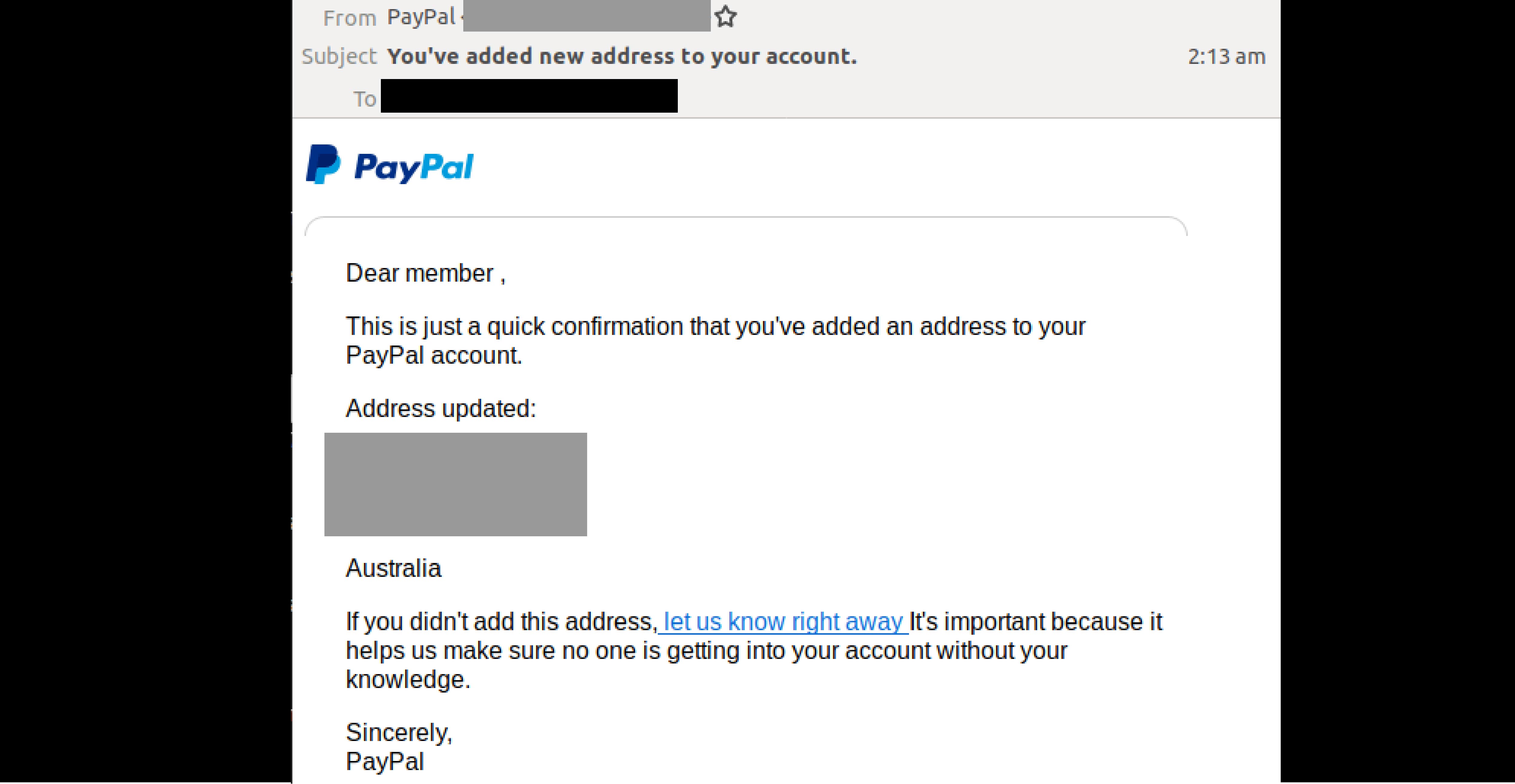 phishing email impersonating paypal confirms the addition of