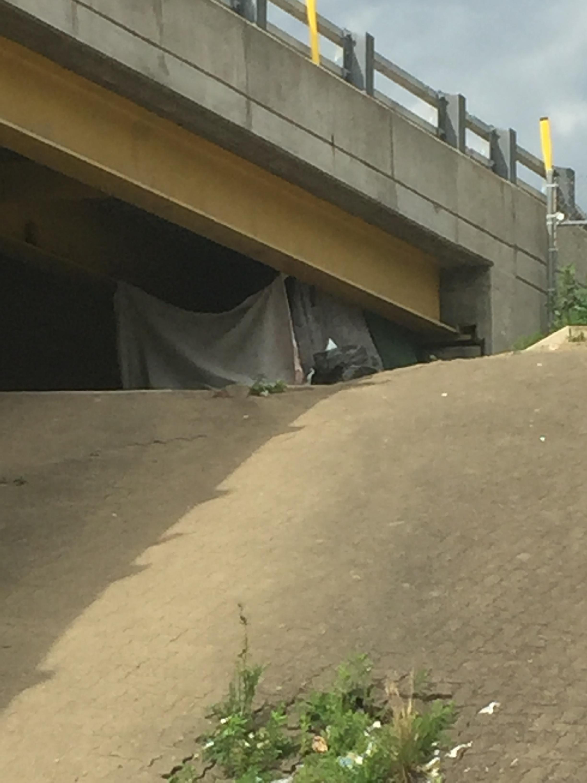 This is a photo of a homeless person camping under a Pittsburgh bridge.