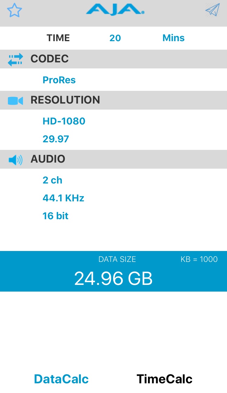 20 minutes of HD footage file size = 24.96GB