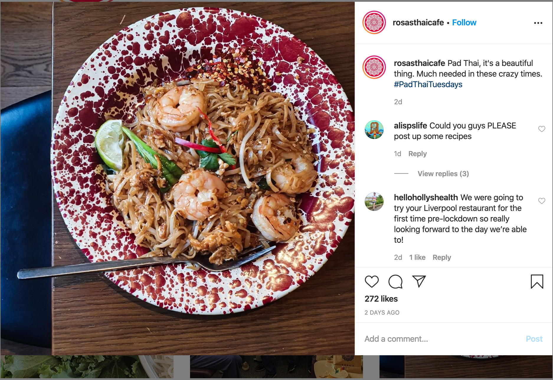 Rosa Thai delivery on Instagram 