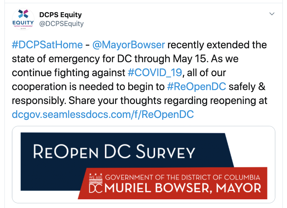 A tweet from the Mayor of Washington DC encouraging citizens to fill out a form hosted on Kofile.