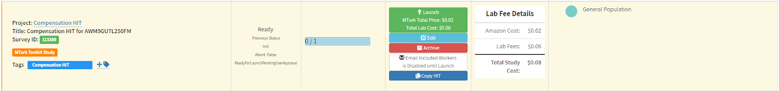 Study dashboard showing your Compensation HIT