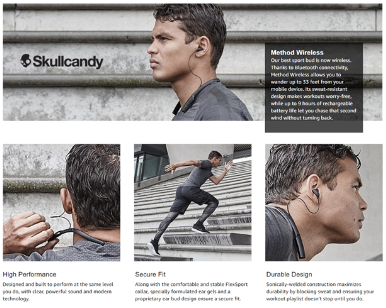 This Skullcandy Method Bluetooth Earbuds product page is visually engaging and informative at the same time