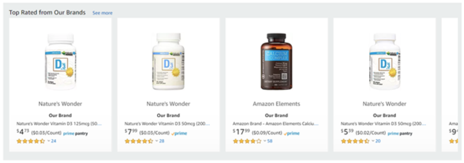 Amazon’s 'Top Rated from Our Brands' box brings their products to the forefront of your search.