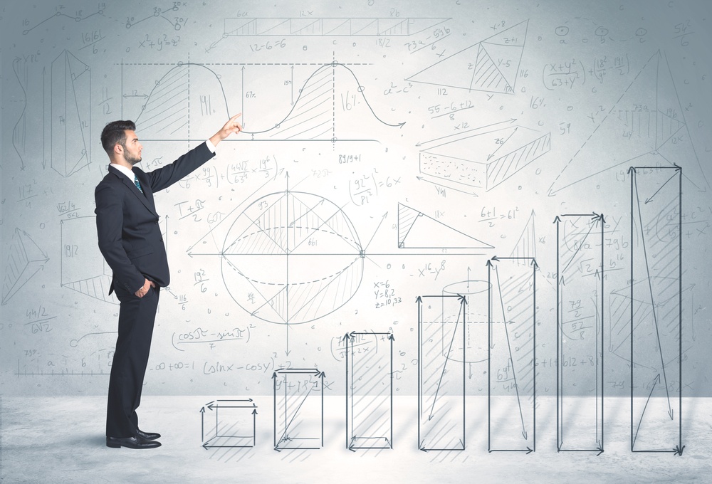 Business man climbing up on hand drawn graphs concept on background-1