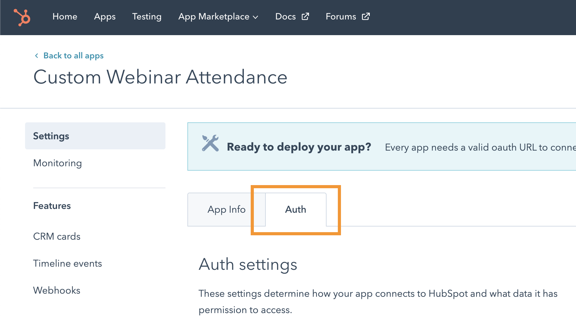 Click to the Developer app auth tab