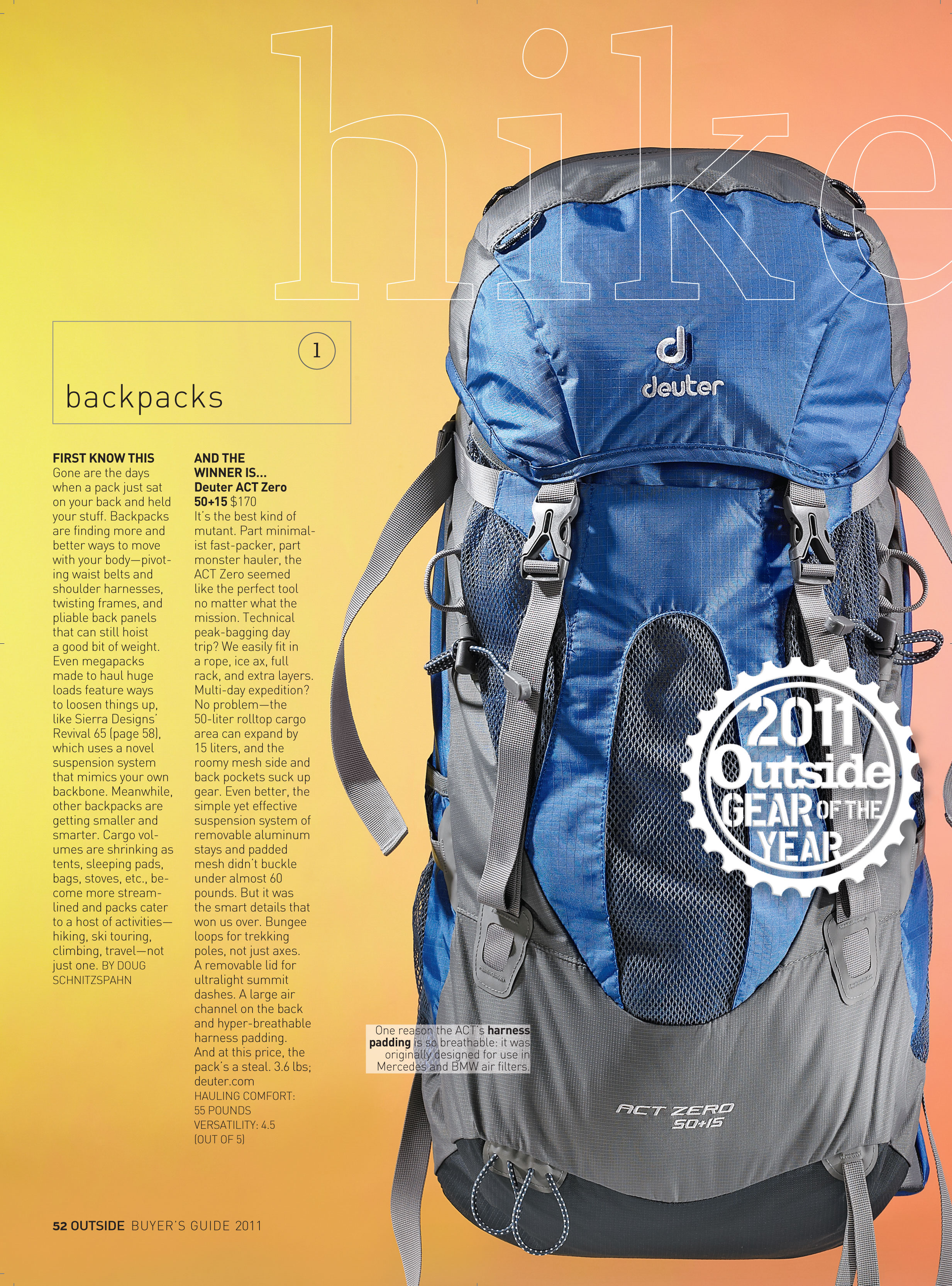 tabak Observatorium paddestoel Deuter ACT Zero 50+15 Backpack Receives Outside Magazine's Gear of the Year  Award