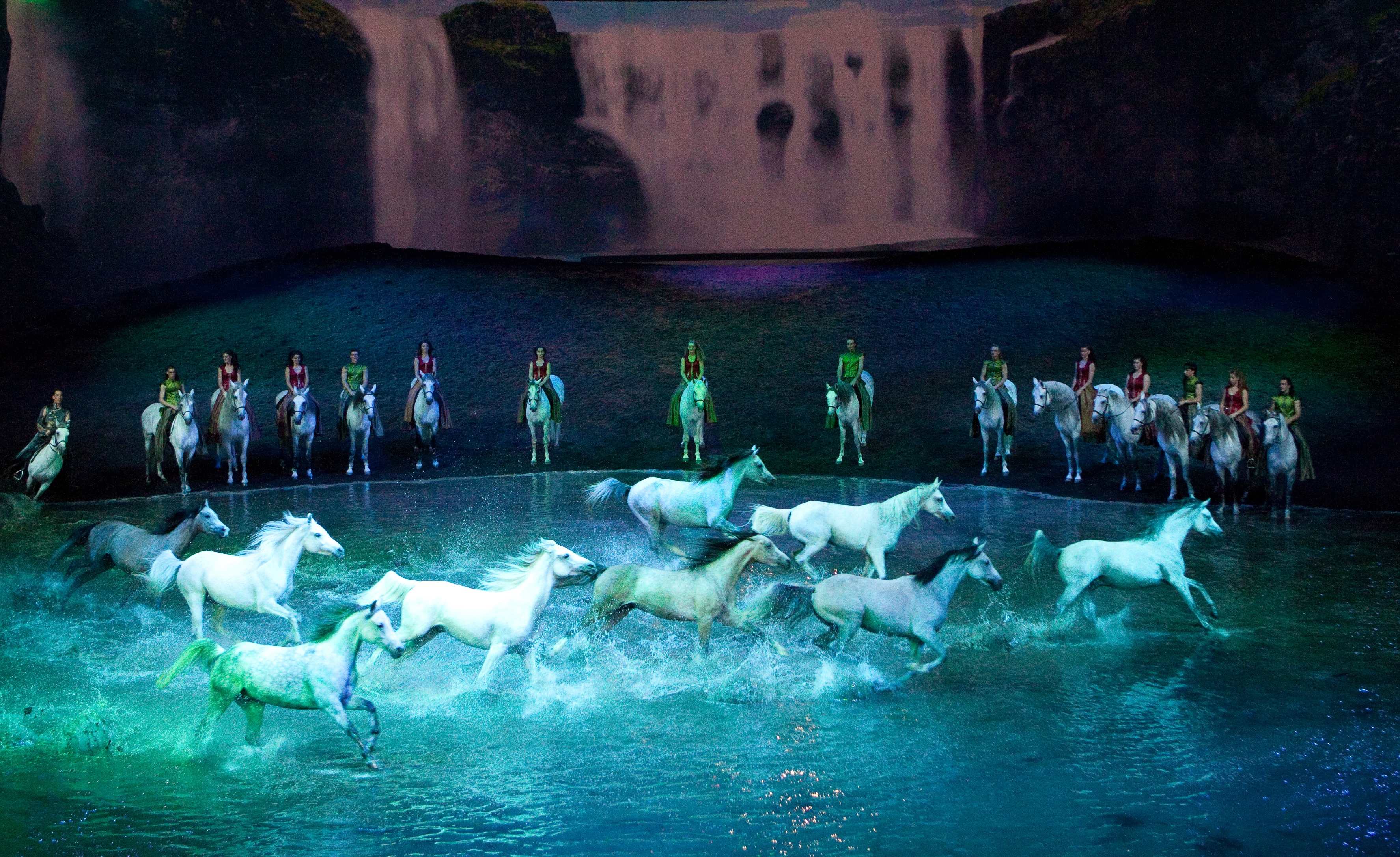 White horses galloping through a pool in Cavalia's Odysseo Show