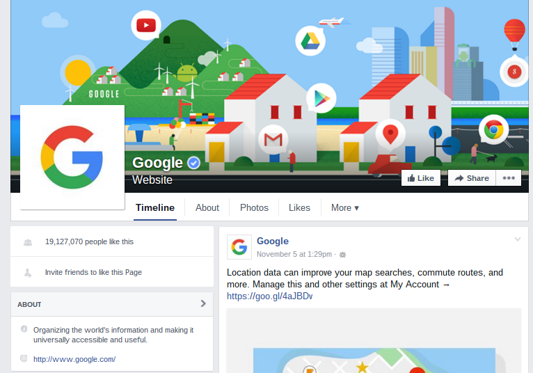  Google's Facebook Page focuses on company updates over the brand.