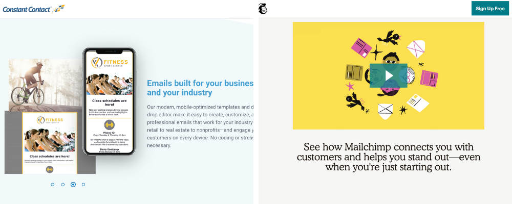 Screenshots of Constant Contact and Mailchimp homepages