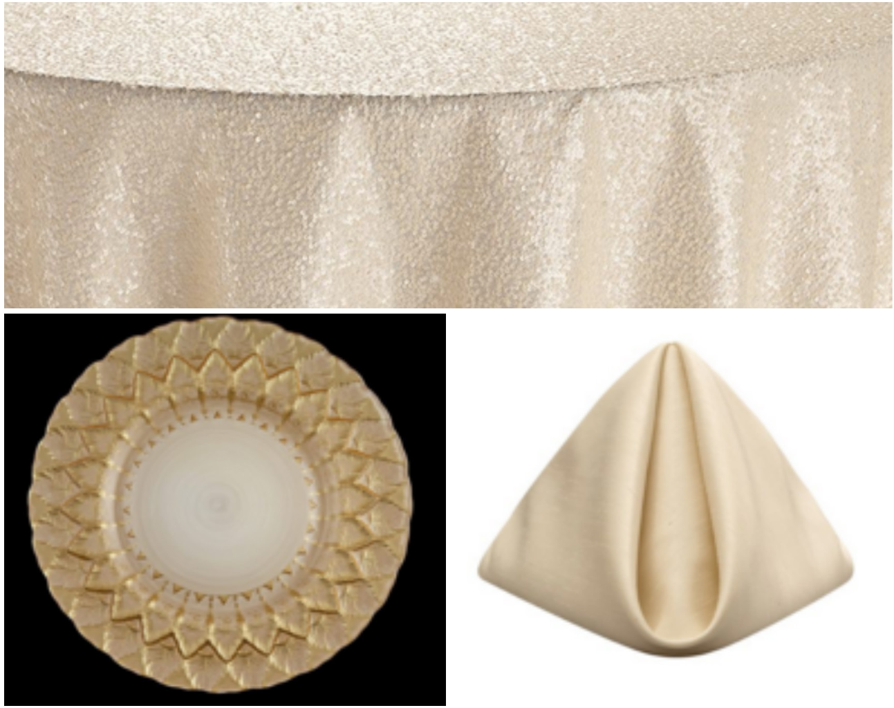 Ivory Table Linen with Gold Cream Charger Plates and Ivory Shantung Napkins | BBJ Linen