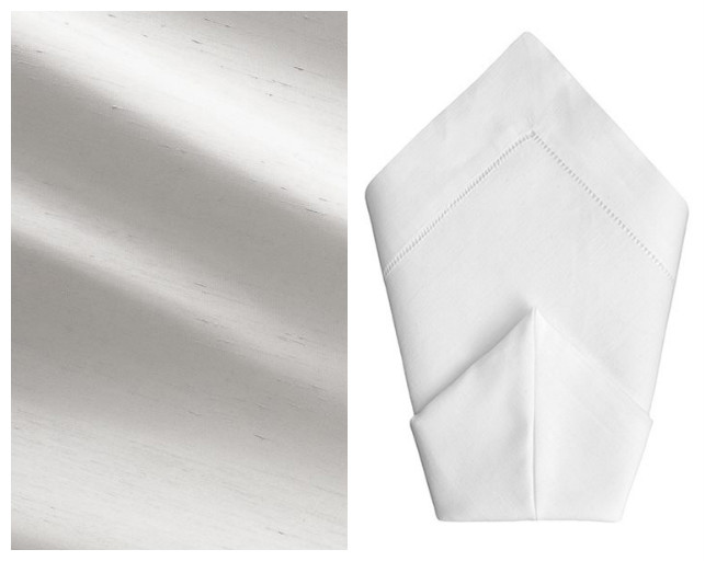 Silver Shantung Table Linen and White Hemstitch Napkins | BBJ Linen