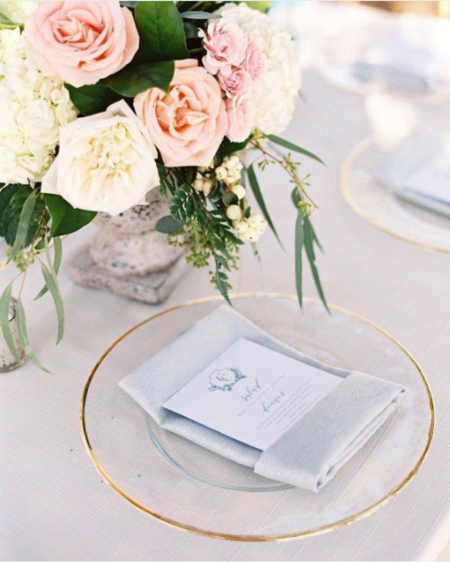 Mist Napkins and Gold-Rimmed Class Charger Plates | BBJ Linen