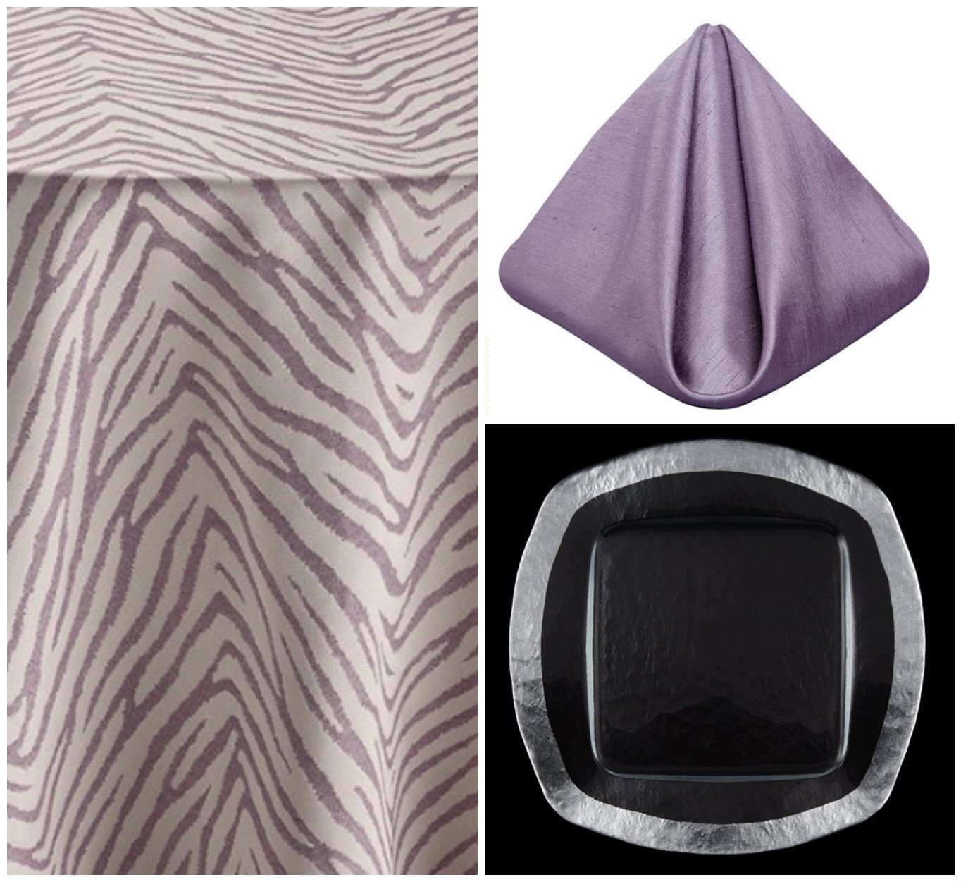 Lavender Zecora Table Linen with Ice Square Silver Charger Plate and Purple Smoke Napkins | BBJ Linen