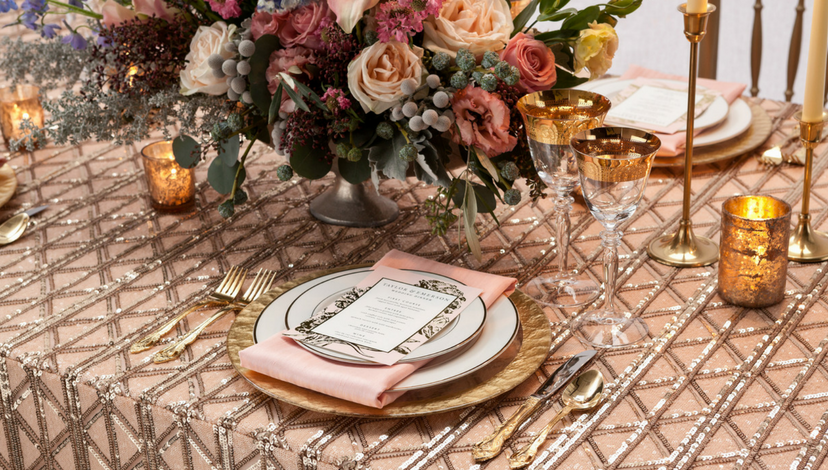 Pink and Gold Sequin Table Decorations | BBJ Linen