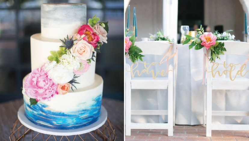 Geode Wedding Cake with Bride and Groom Chair Signs | BBJ Linen