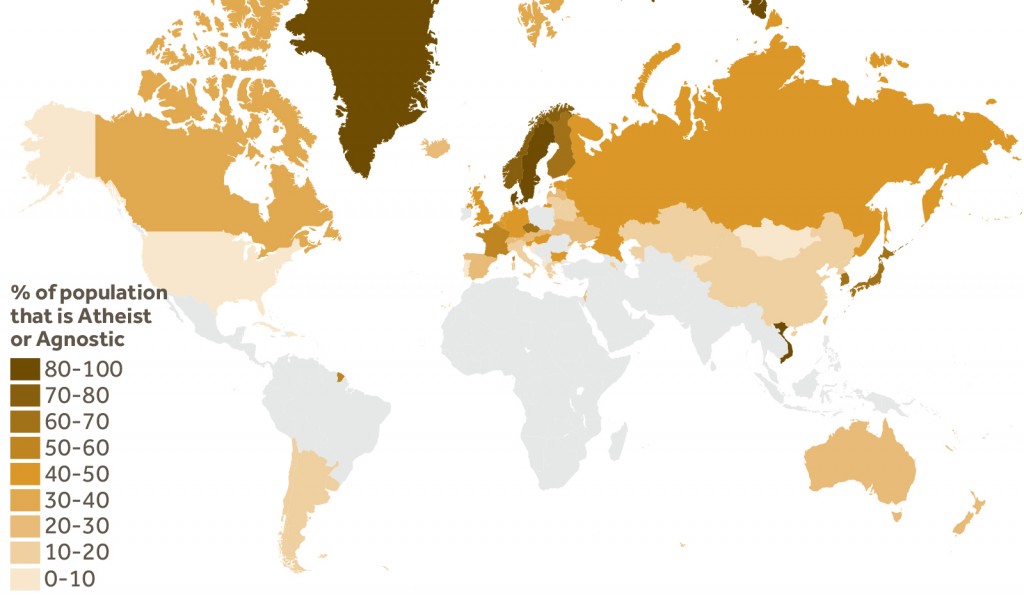 east-west-Understanding Major World Religions: Religiously Unaffiliated 1 World Map of the Religiously Unaffiliated Population
