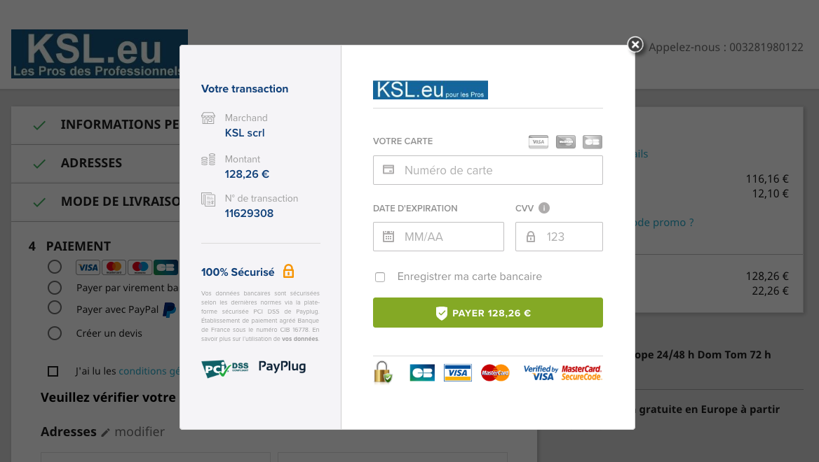 Page de paiement KSL
