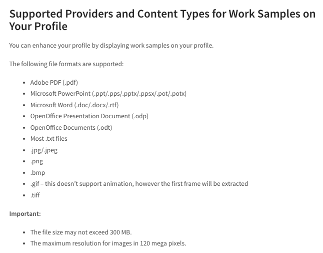 linkedin work samples supported media formats