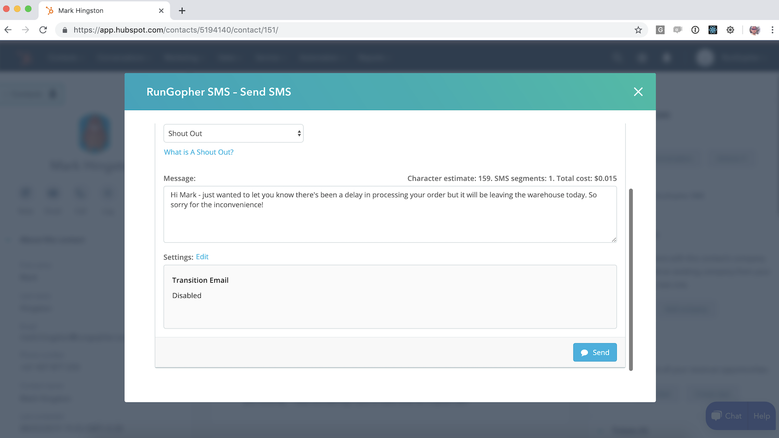 Send SMS from HubSpot contact pages