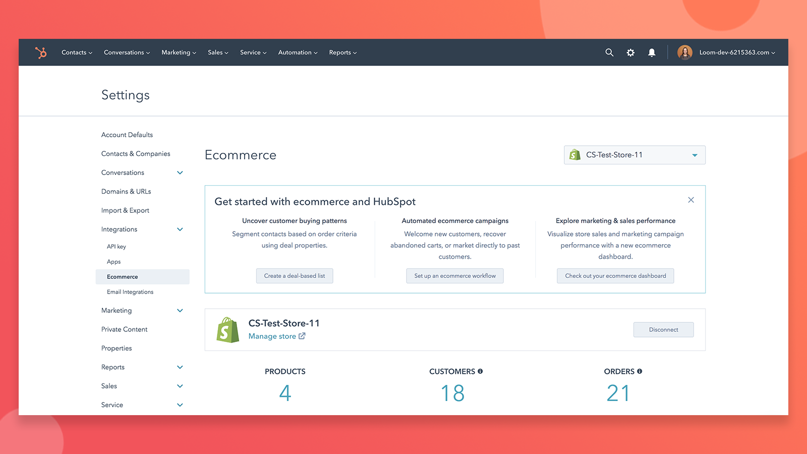 Connect the integration to sync Shopify customers, products, and deals into HubSpot. The sync turns your store data into powerful sales and marketing signals in HubSpot and creates a single view of the customer for all your teams.