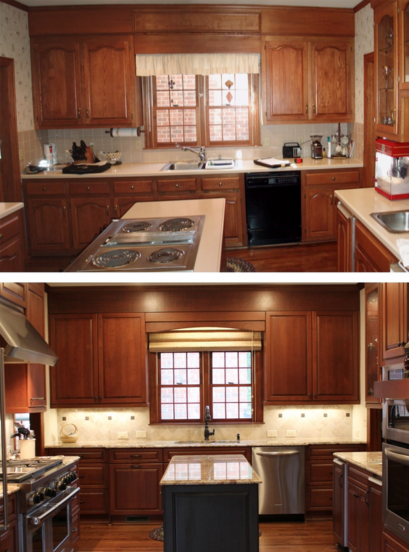 A before-and-after view of the Nicastros' kitchen.