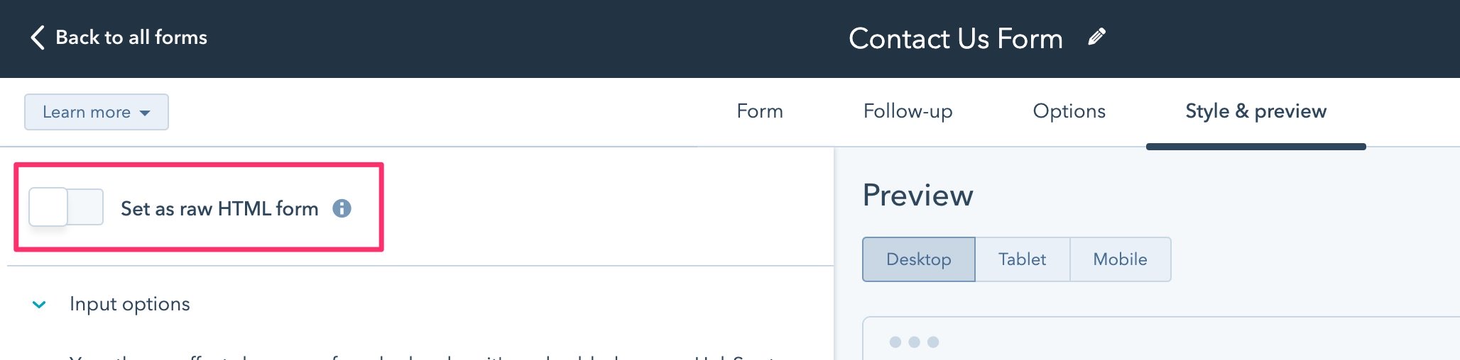 Set as raw HTML form setting