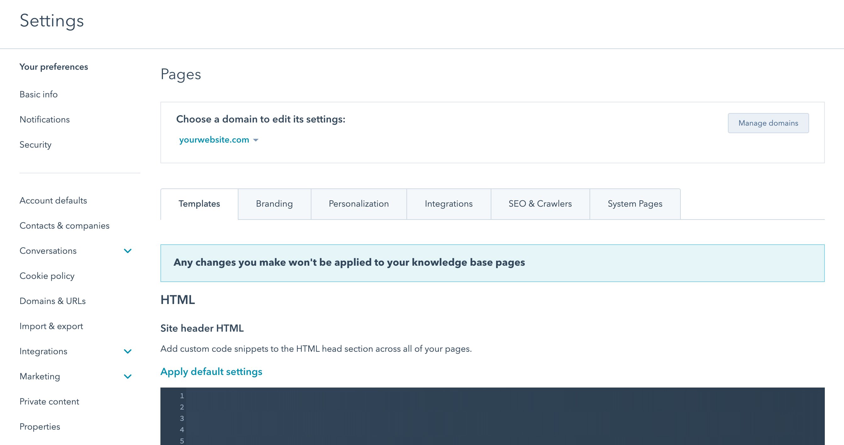 Page settings screen