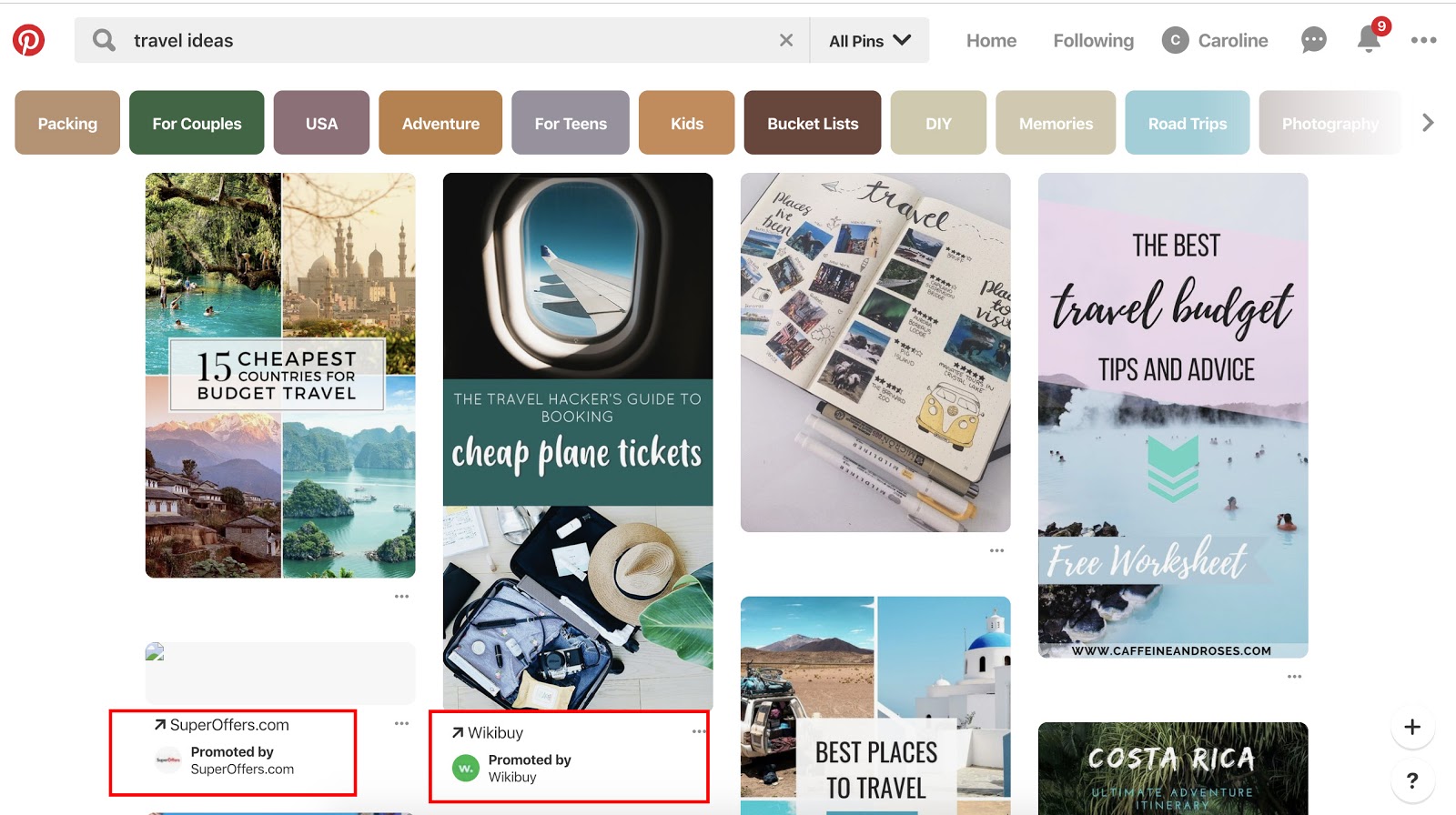pinterest feed for "travel ideas"
