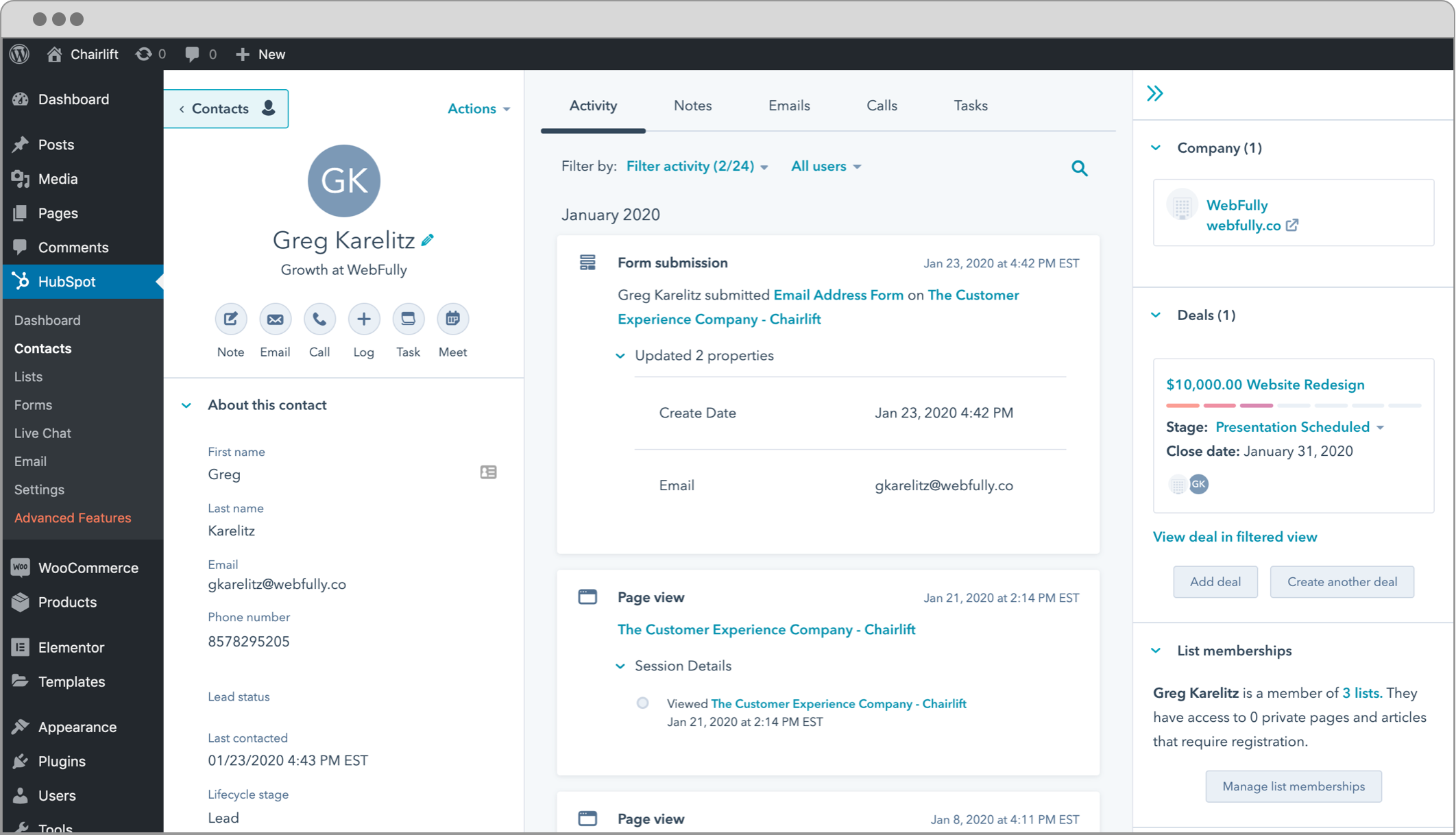 WordPress Plugin: CRM, Forms, Live Chat, Email, & Analytics