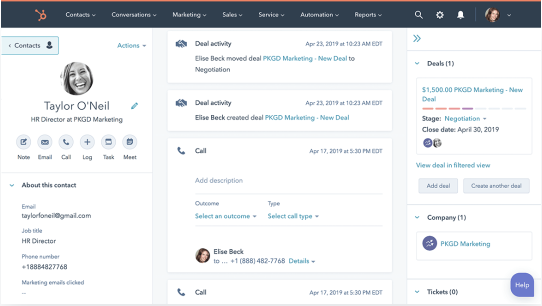 HubSpot Sales Hub contact entry