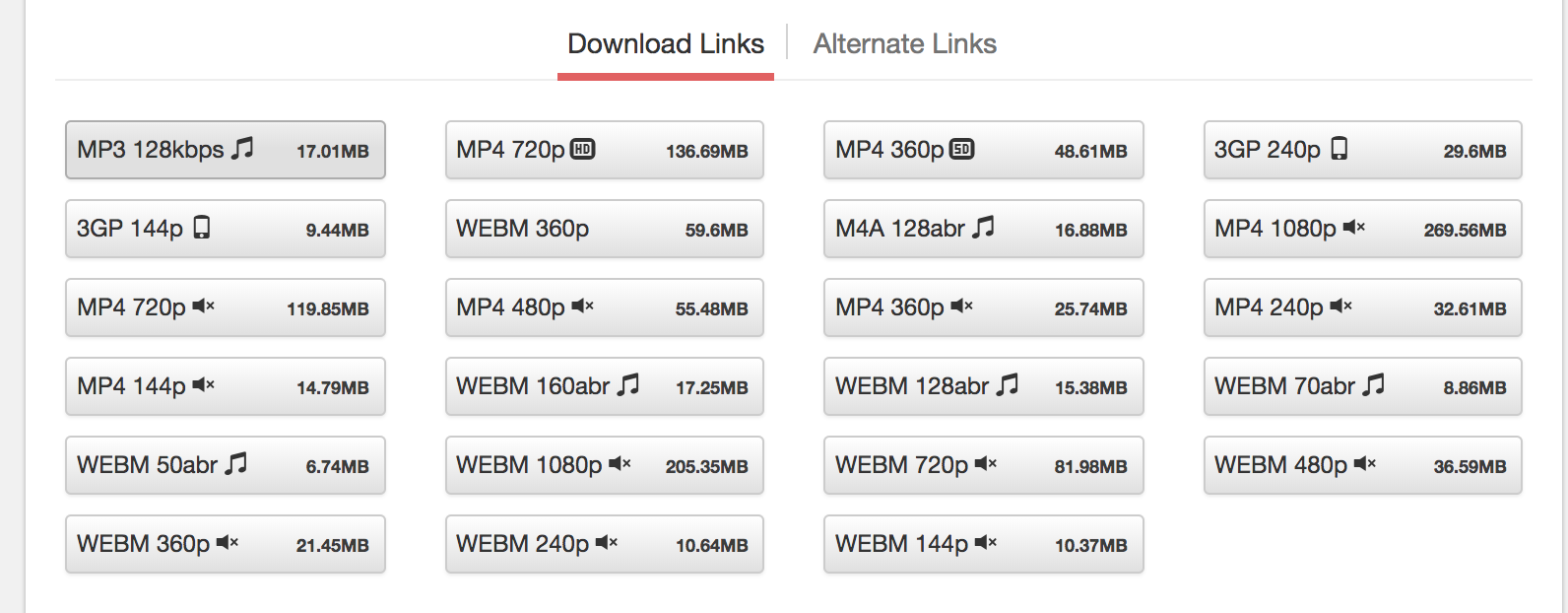 List of Download Links to download MP3 of YouTube video