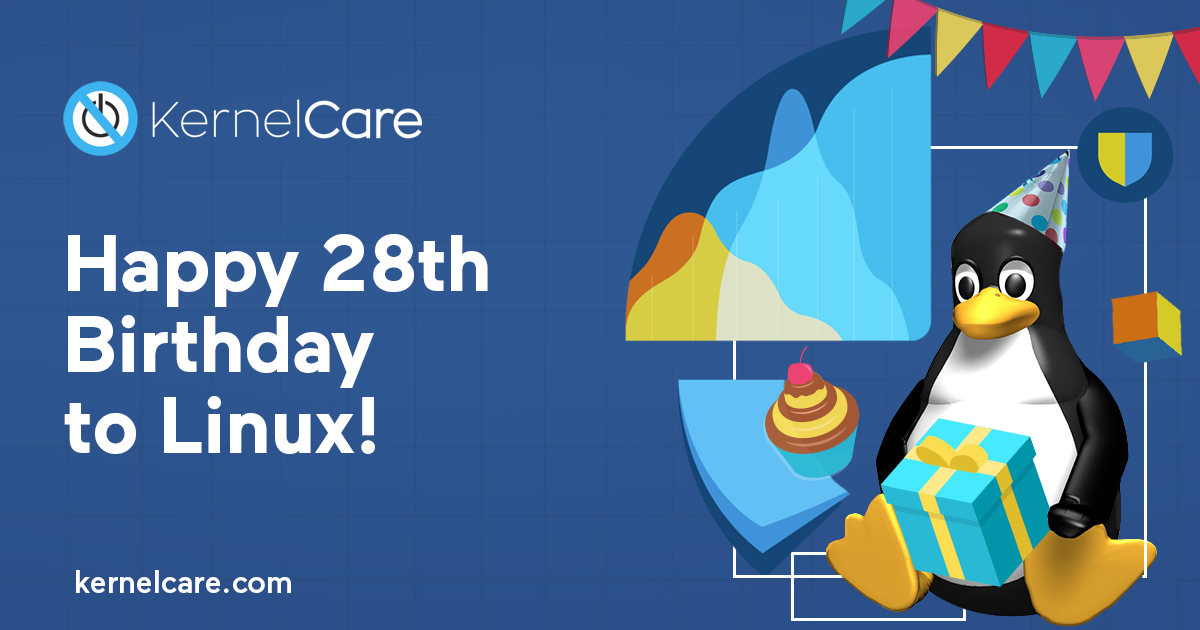 Feliz 28 cumpleaños Linux, logo kernelcare, pingüino linuxero con el regalo