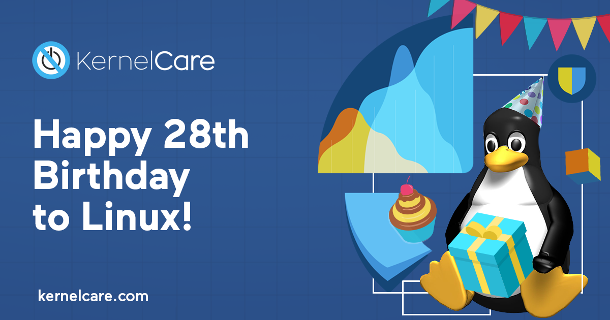 Joyeux 28e anniversaire Linux, logo kernelcare, pingouin linux avec le cadeau