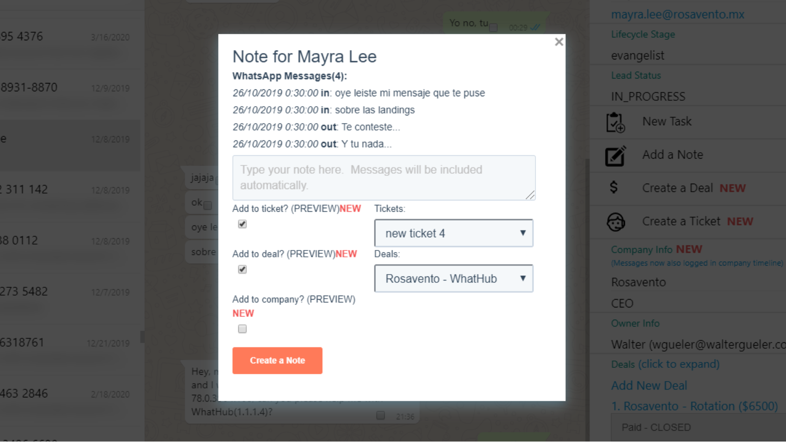 Manually save relevant messages as Notes or Tickets. Add them to Deals