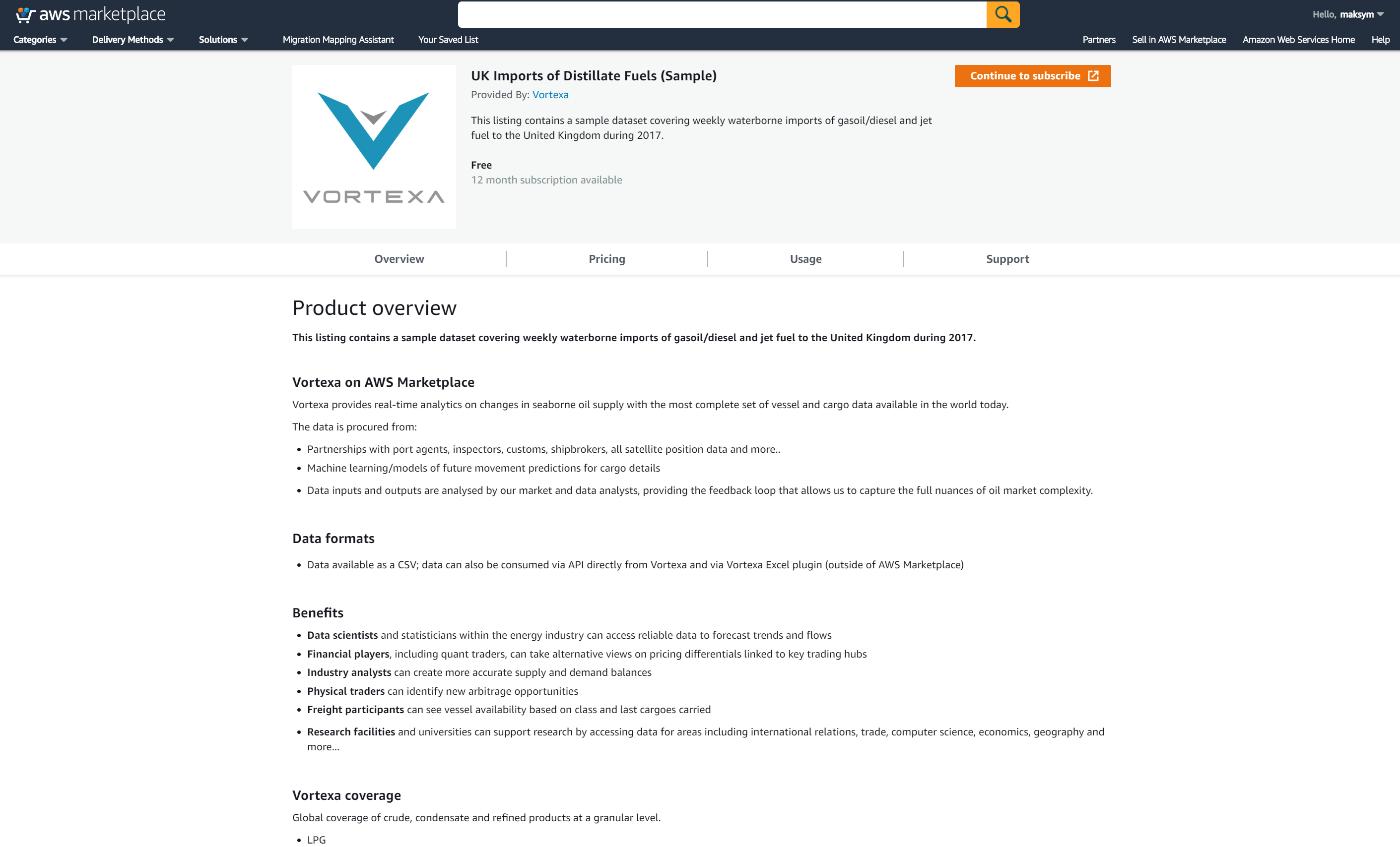 A sample of Vortexa products on the AWS Data Exchange