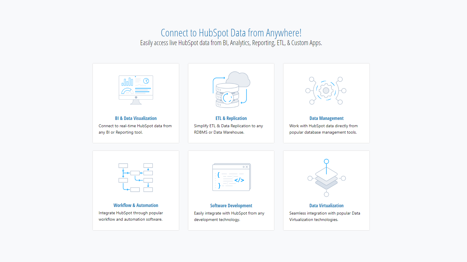 Easy-to-use bi-directional Drivers to connect to HubSpot data.