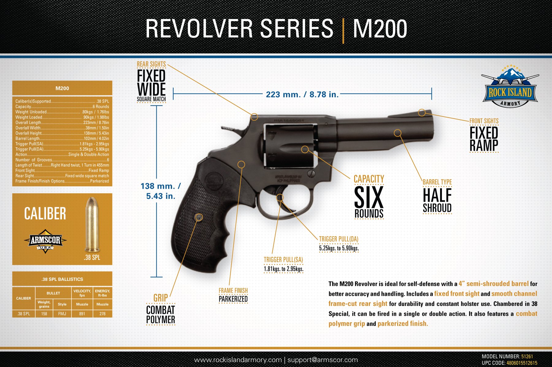 Rock Island Revolver M200 Single/Double 38 - 51261 - Rias1261