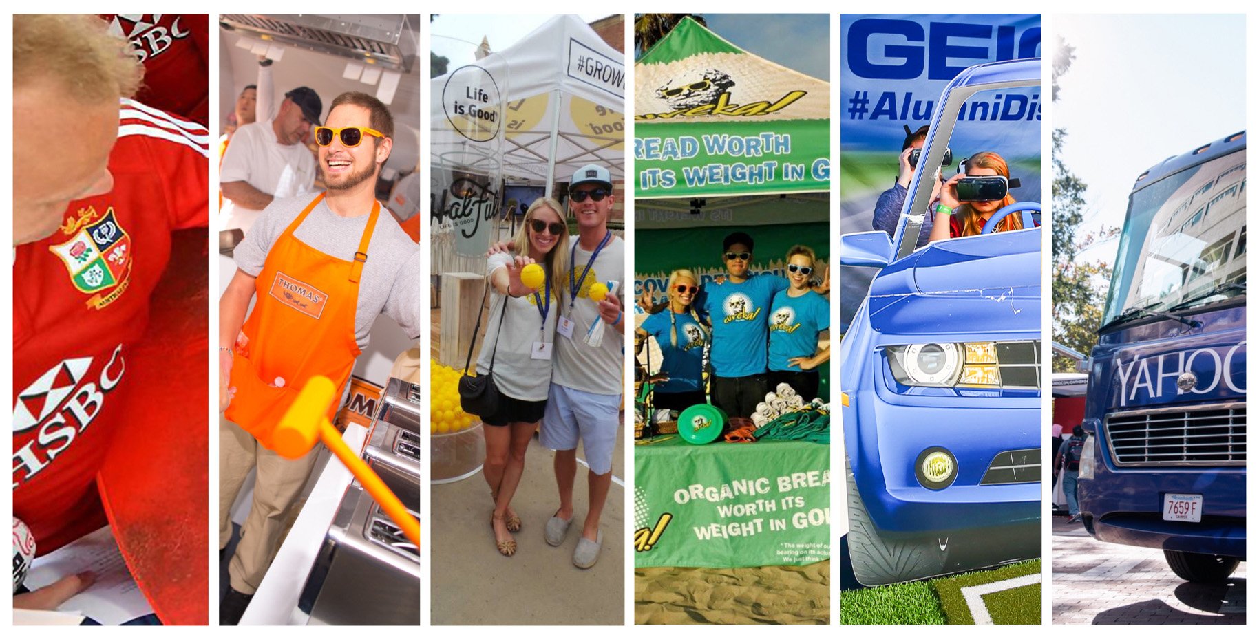 A four-way split picture. The far left is a man in a bright orange apron and matching orange sunglasses. The middle is filled with yellow, with a yellow umbrella and two people holding up lemons. The third picture shows a booth at a fair or convention, all in green. The final slice of the picture is a bright blue car. 
